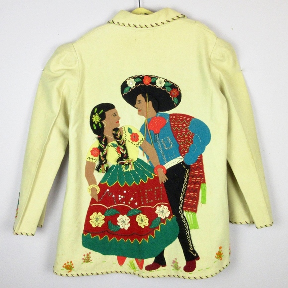 Vintage Jackets & Blazers - VTG Mexican Fiesta Jacket Wool Applique, Sz M L